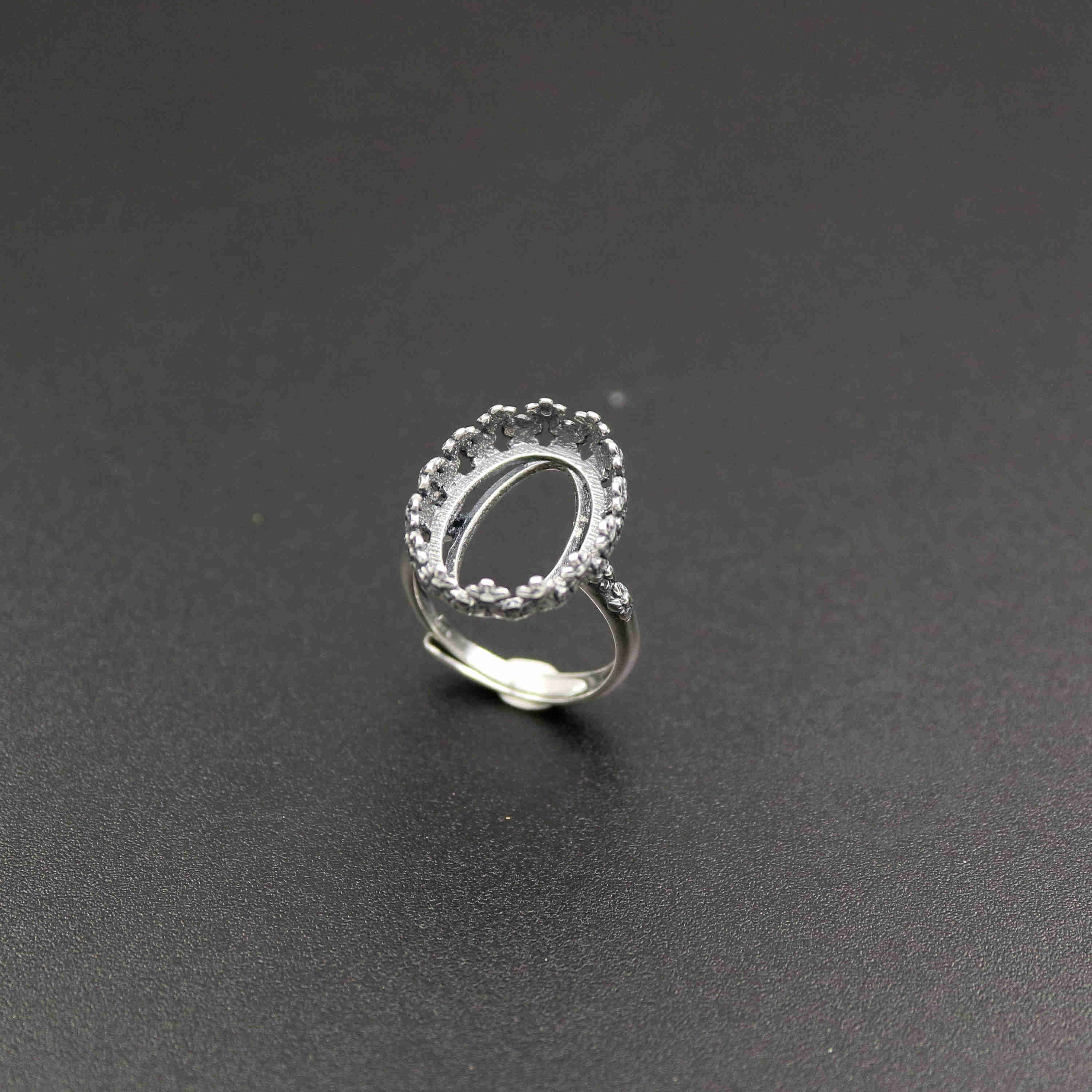 1Pcs 13X18MM Antiqued Oval Flower Bezel Solid 925 Sterling Silver Adjustable Ring Settings 1223085 - Click Image to Close